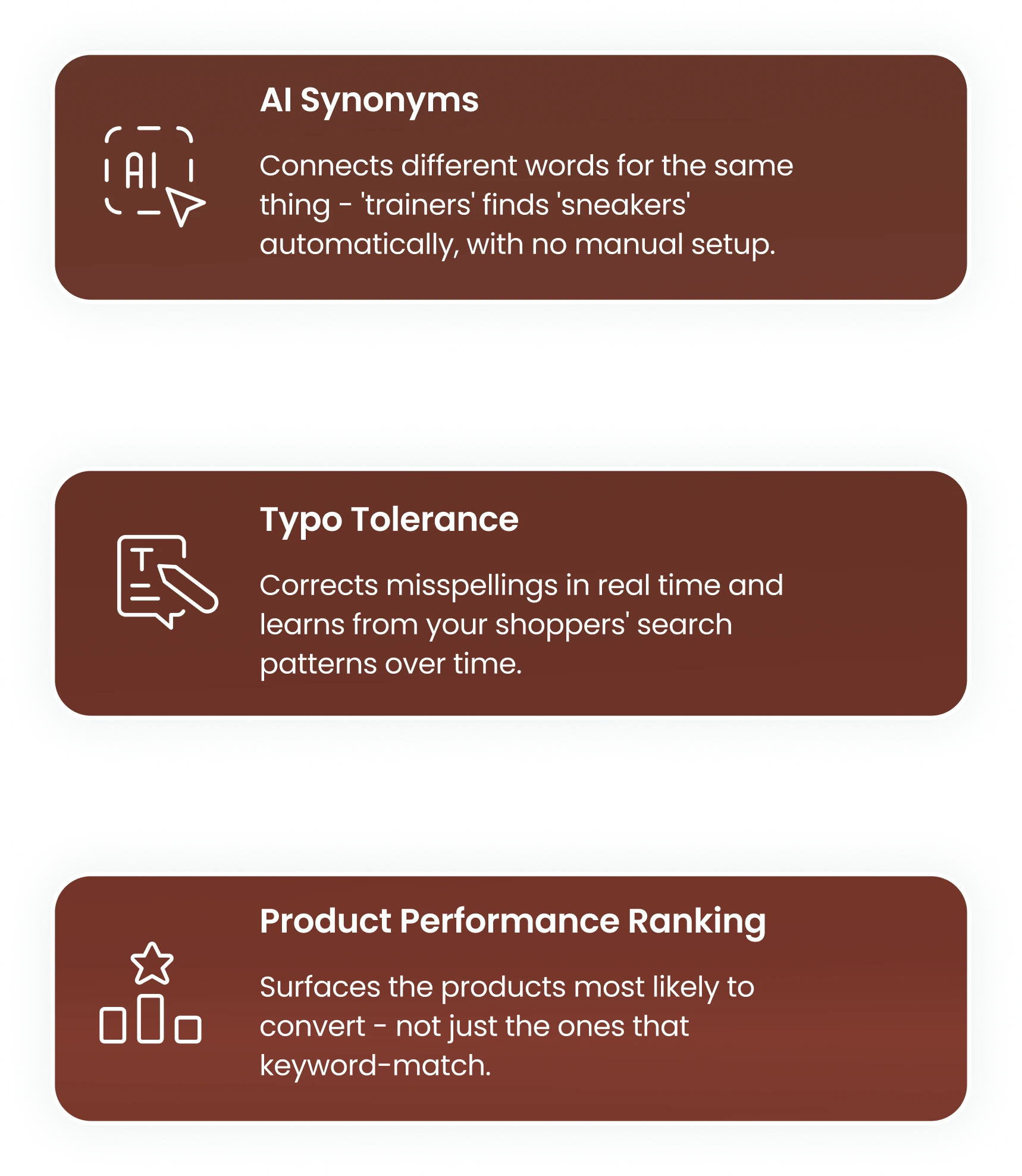 Boost AI feature cards for synonyms typo tolerance and product performance ranking