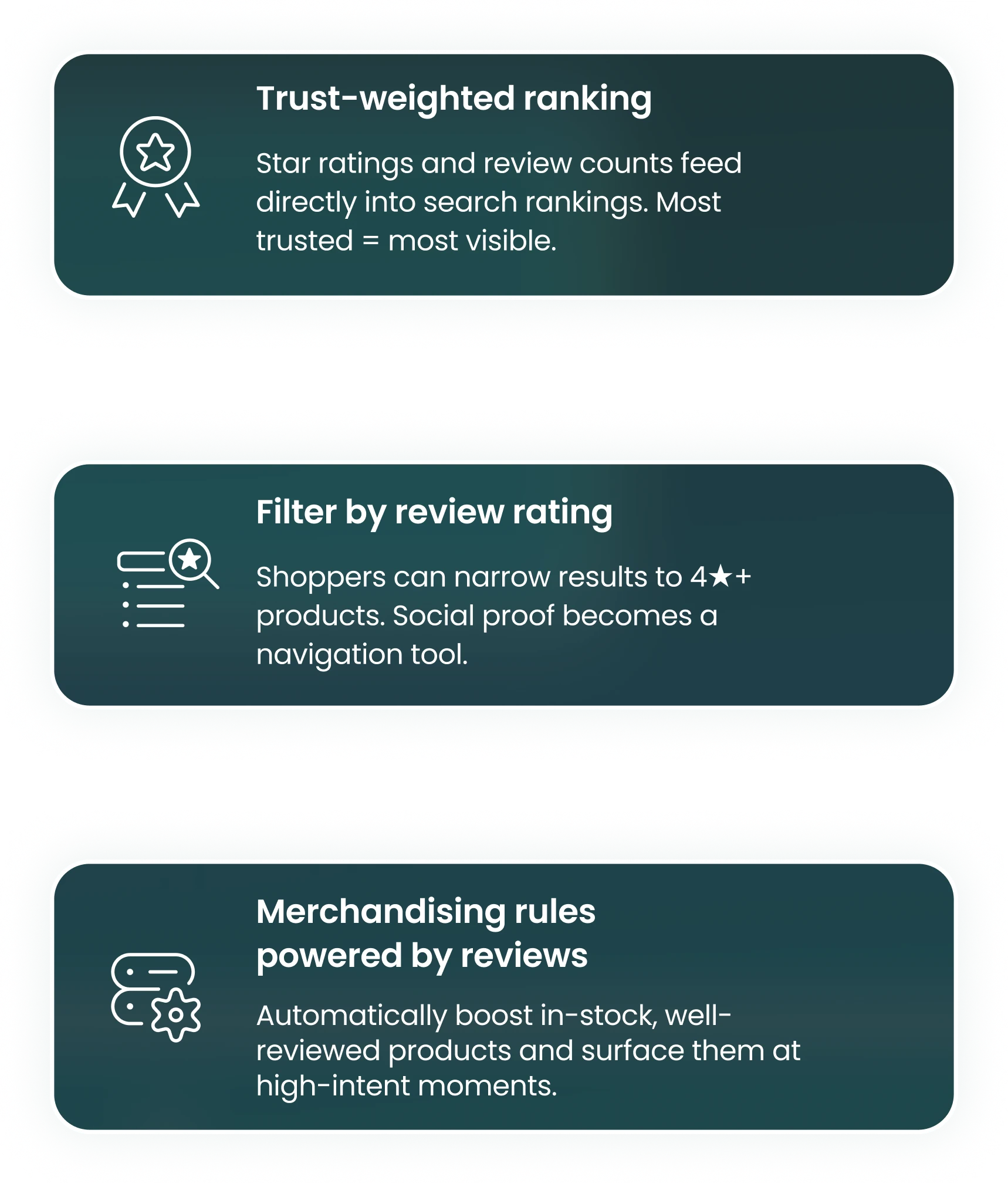 Boost and REVIEWS.io feature cards for trust-weighted ranking rating filters and merchandising rules powered by reviews