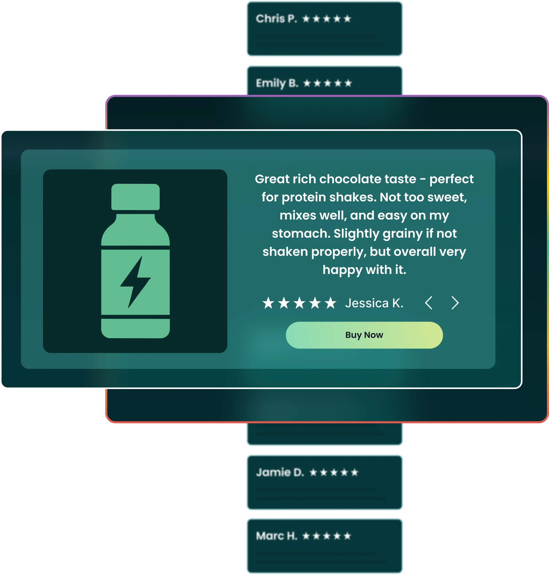 Review activity product card surrounded by customer review snippets