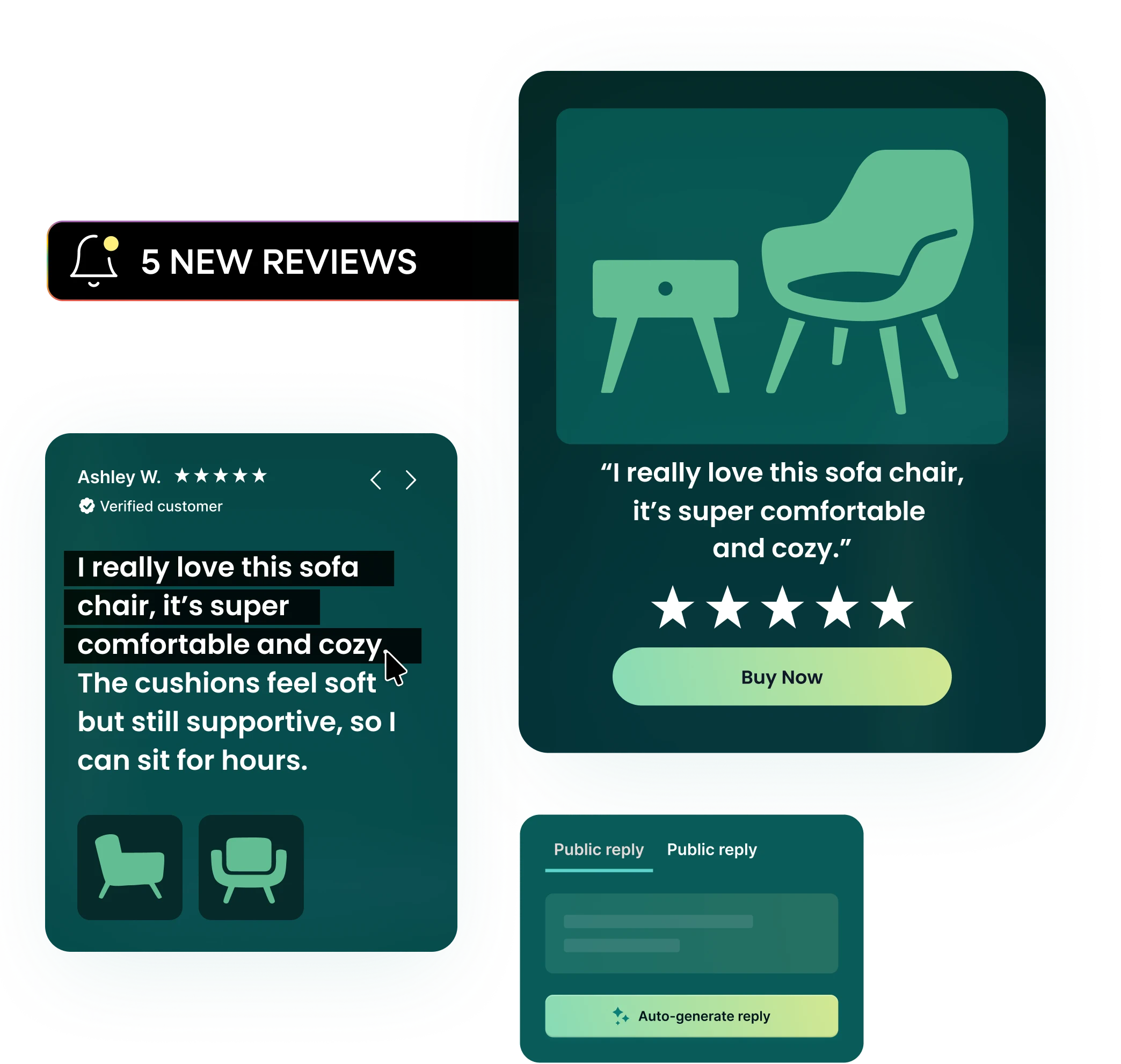 New review activity cards, product review card, and public reply interface