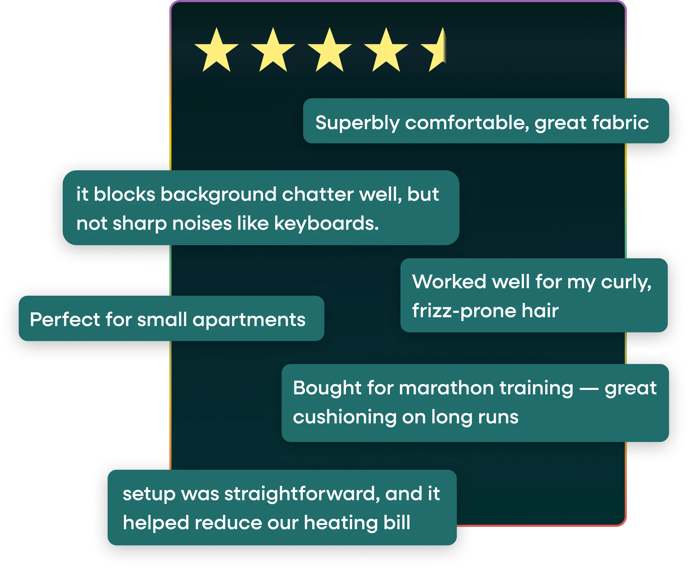 Product review phrases and star rating arranged around a product signal frame